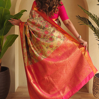 Enthralling Beige and Pink Kanjivaram Silk Saree With Susurrous Blouse Piece