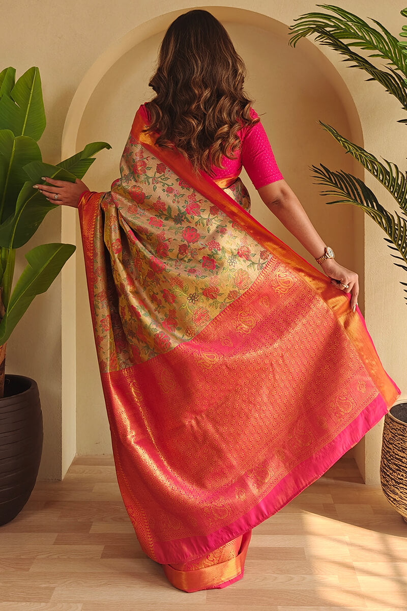 Enthralling Beige and Pink Kanjivaram Silk Saree With Susurrous Blouse Piece