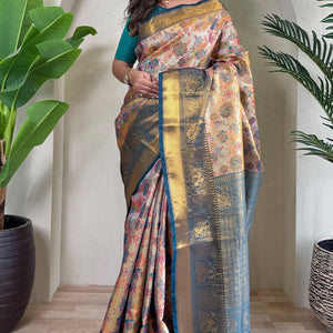 Lassitude Beige and Rama Kanjivaram Silk Saree With Lustrous Blouse Piece