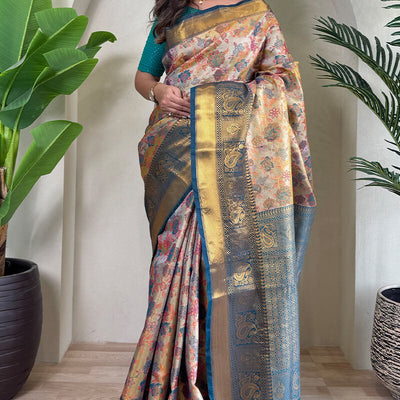 Lassitude Beige and Rama Kanjivaram Silk Saree With Lustrous Blouse Piece
