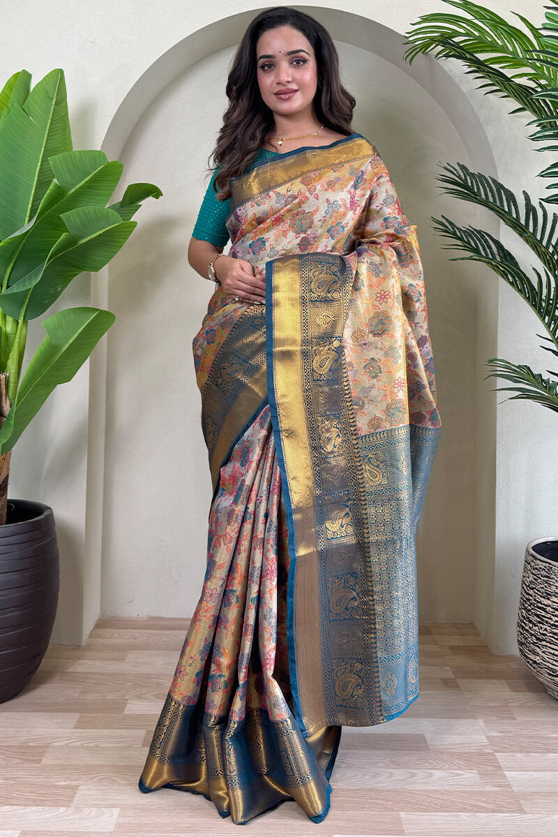 Lassitude Beige and Rama Kanjivaram Silk Saree With Lustrous Blouse Piece