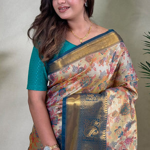 Lassitude Beige and Rama Kanjivaram Silk Saree With Lustrous Blouse Piece