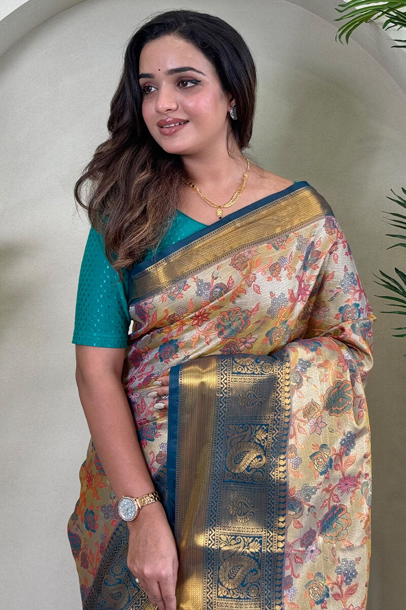 Lassitude Beige and Rama Kanjivaram Silk Saree With Lustrous Blouse Piece