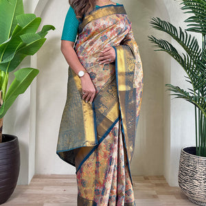 Lassitude Beige and Rama Kanjivaram Silk Saree With Lustrous Blouse Piece