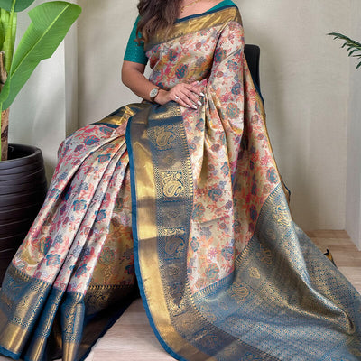 Lassitude Beige and Rama Kanjivaram Silk Saree With Lustrous Blouse Piece