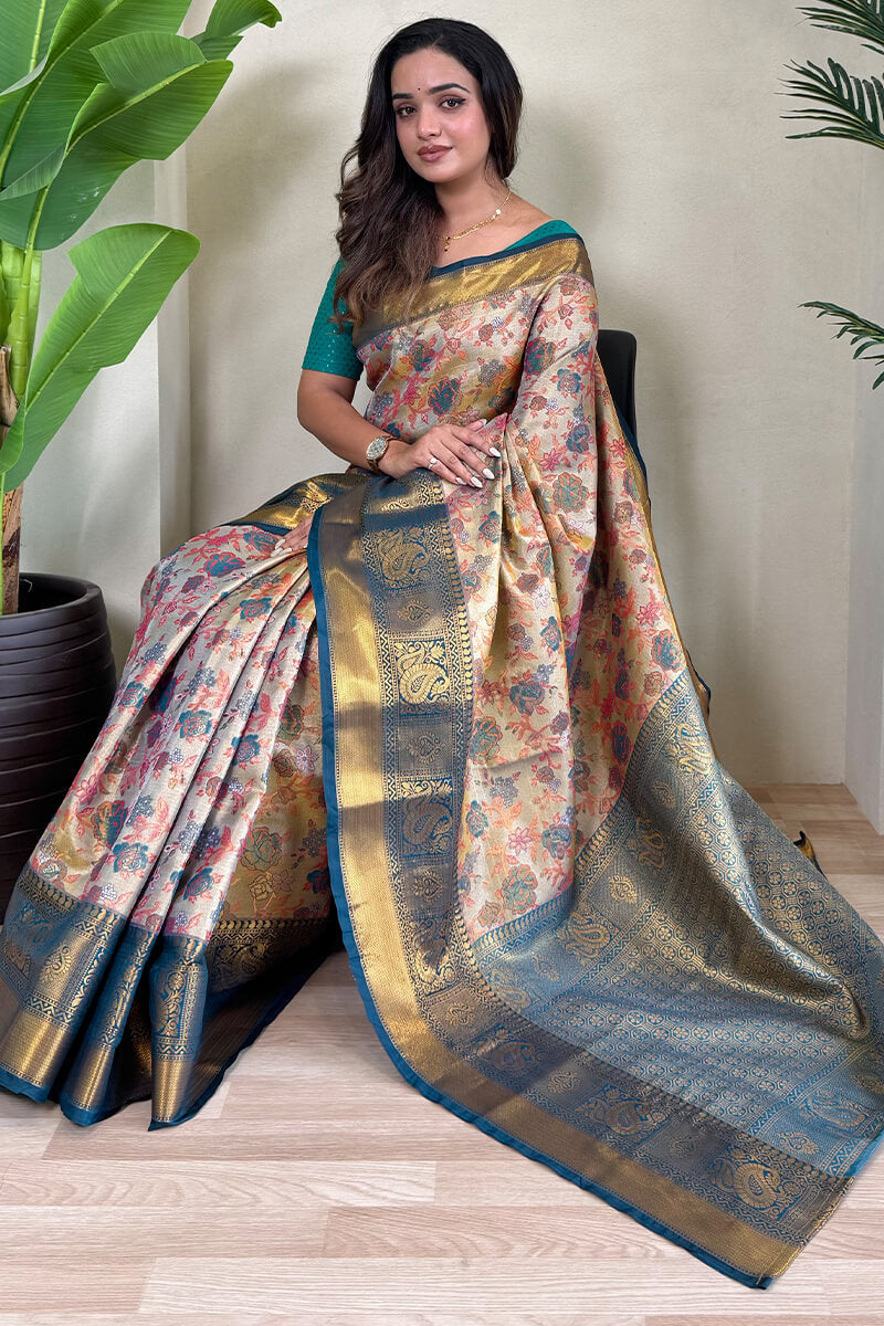 Lassitude Beige and Rama Kanjivaram Silk Saree With Lustrous Blouse Piece
