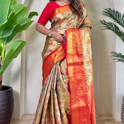 Lovely Beige and Red Kanjivaram Silk Saree With Fancifull Blouse Piece