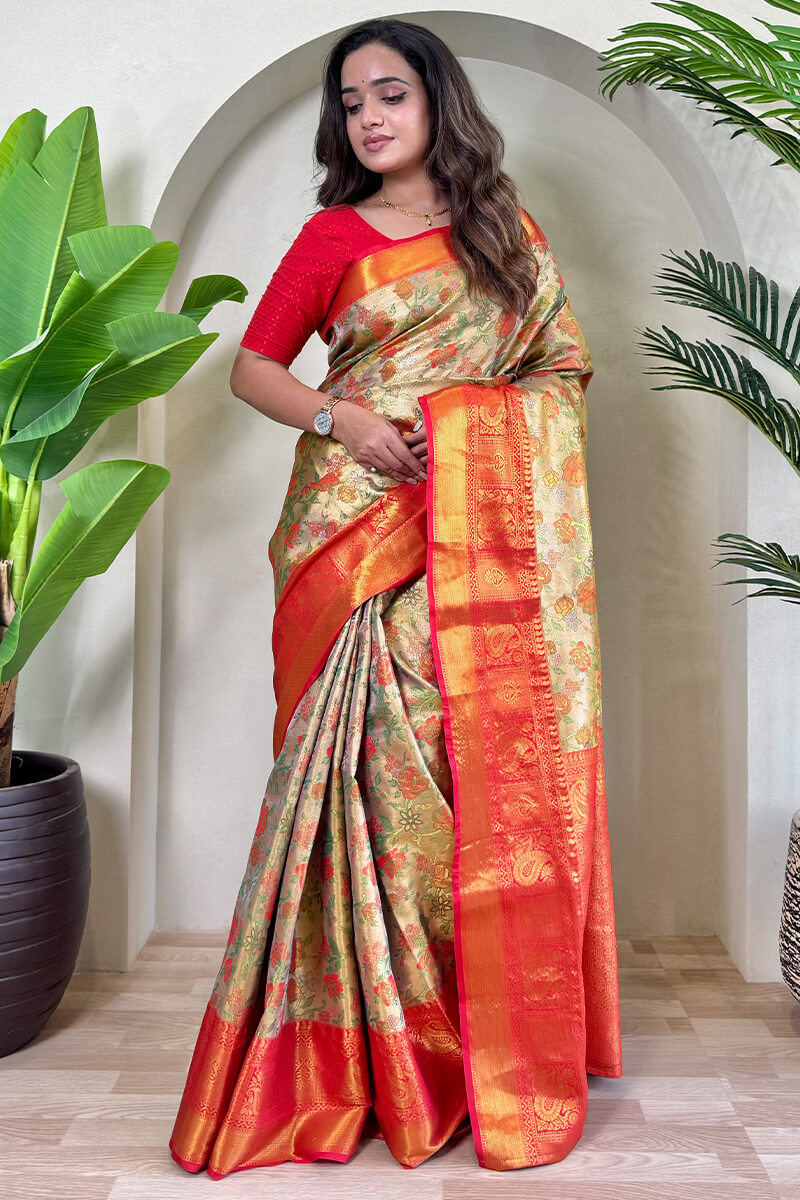 Lovely Beige and Red Kanjivaram Silk Saree With Fancifull Blouse Piece