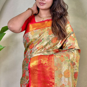 Lovely Beige and Red Kanjivaram Silk Saree With Fancifull Blouse Piece