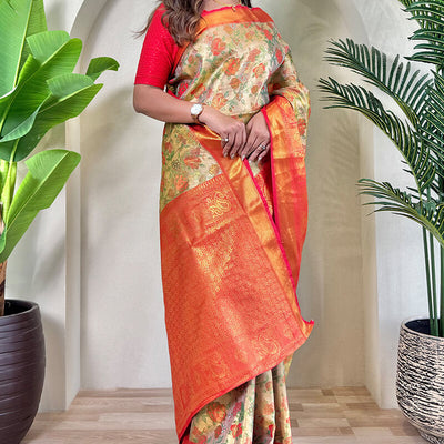 Lovely Beige and Red Kanjivaram Silk Saree With Fancifull Blouse Piece