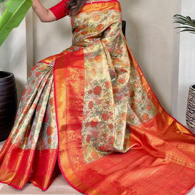 Lovely Beige and Red Kanjivaram Silk Saree With Fancifull Blouse Piece