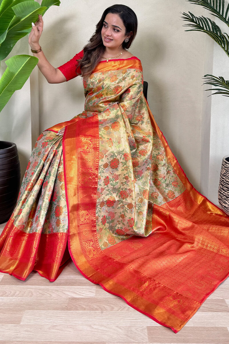Lovely Beige and Red Kanjivaram Silk Saree With Fancifull Blouse Piece