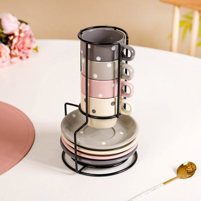 Ceramic Polka Dot Stackable Tea Cup And Saucer Set Of 4 100ml