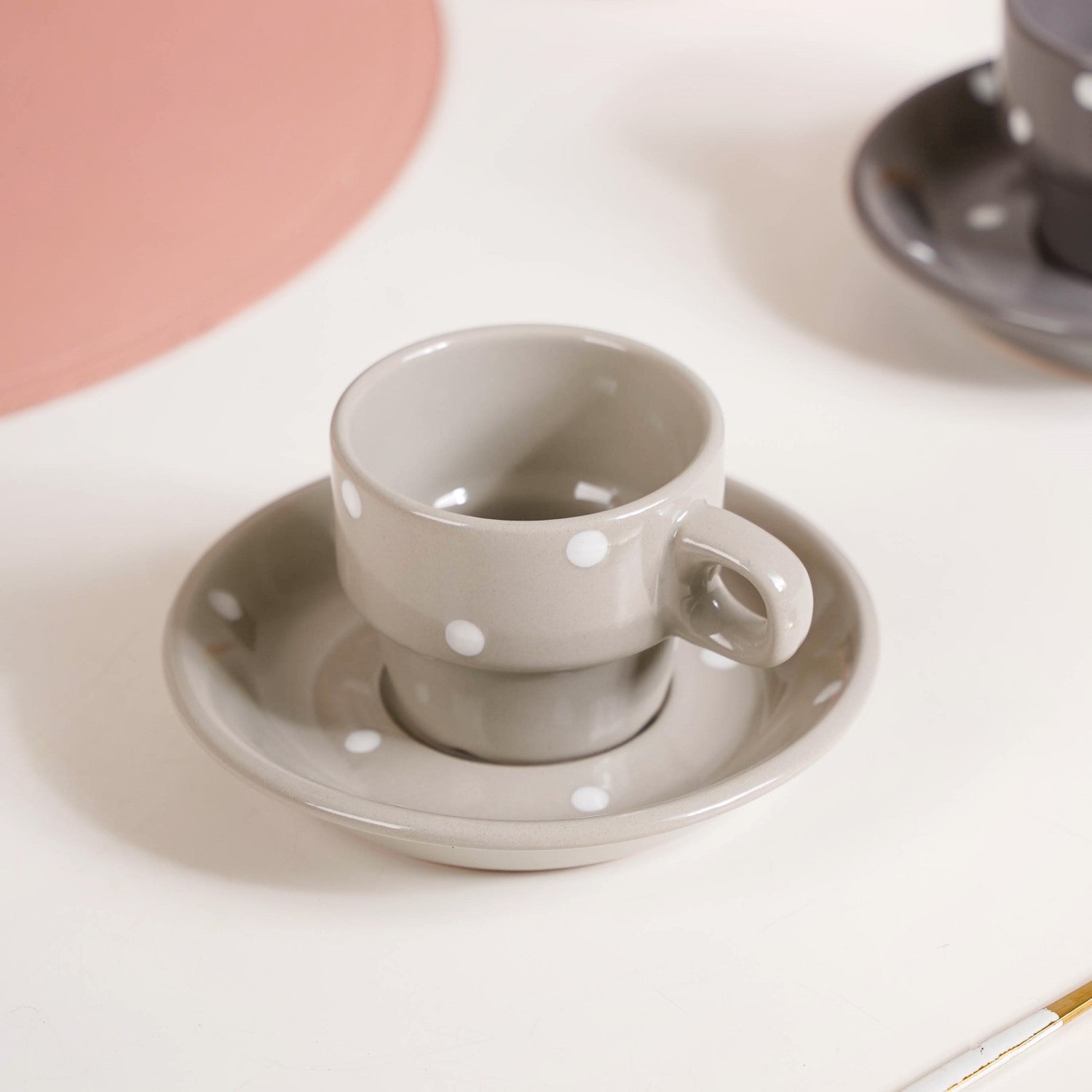 Ceramic Polka Dot Stackable Tea Cup And Saucer Set Of 4 100ml