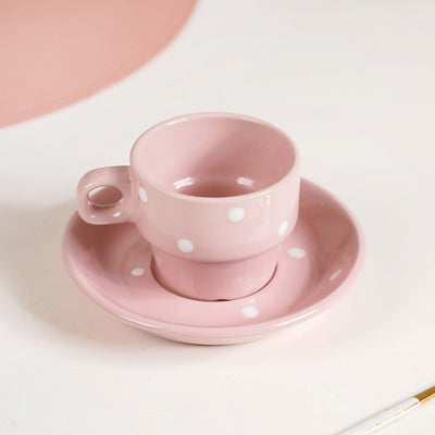 Ceramic Polka Dot Stackable Tea Cup And Saucer Set Of 4 100ml