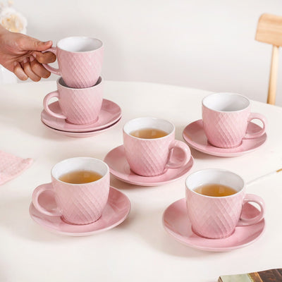 Set Of 6 Pink Tara Ceramic Tea Cup And Saucer 225ml
