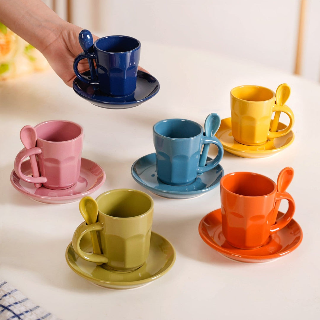 Small Espresso Tea Cup With Saucer And Spoons Set Of 6 Multicolour 100ml