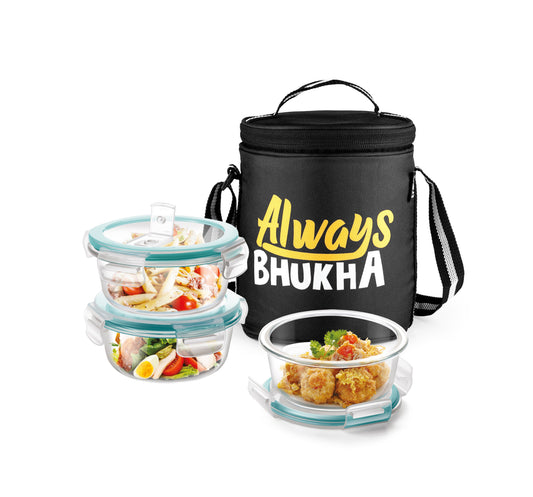 "Always Bhukha" - Glass Tiffin with Printed Jacket (Milton)