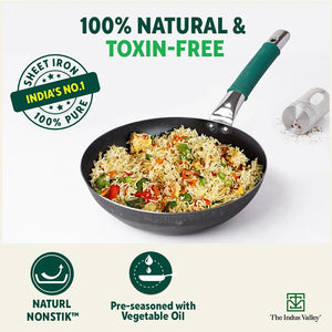 Ironklad 100% Pure Sheet Iron Frying pan, Steel Cool Touch Handle & Silicone Grip, Pre-seasoned, Toxin-free, Induction, 2/2.5 L, 25/30.8 Cm, 1.1/1.4 Kg