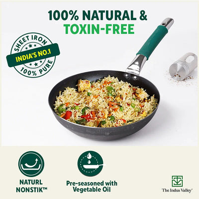 Ironklad 100% Pure Sheet Iron Frying pan, Steel Cool Touch Handle & Silicone Grip, Pre-seasoned, Toxin-free, Induction, 2/2.5 L, 25/30.8 Cm, 1.1/1.4 Kg