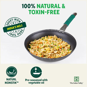 100% Pure Iron Wok with Steel Cool Touch Handle & Silicone Grip, Toxin-free Sheet Iron, Pre-seasoned, 2/3.5 L, 24.6/30.8 Cm, 1/1.4 Kg