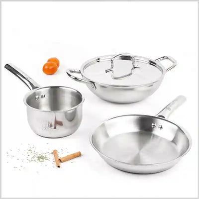 TurboCuk Tri-ply Stainless Steel Cookware Set: Kadai+ Frypan+ Tea/Milk pan, Premium Quality, 3 Layer Thick Body, 100% Toxin-free, Non-stick, Induction & Gas