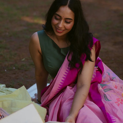 Baby Pink Handloom Uppada Khadi Cotton Saree-Baby Pink