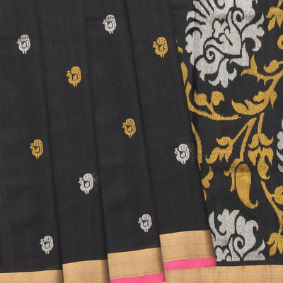 Black Handloom Uppada Silk Saree With Annam Motif Buttas-Black