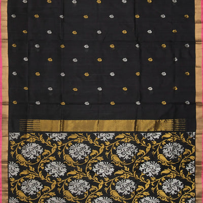 Black Handloom Uppada Silk Saree With Annam Motif Buttas-Black