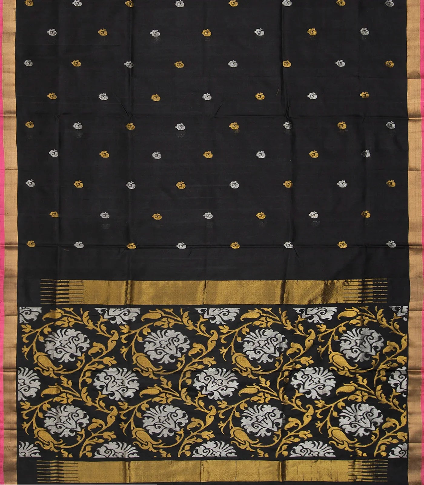 Black Handloom Uppada Silk Saree With Annam Motif Buttas-Black