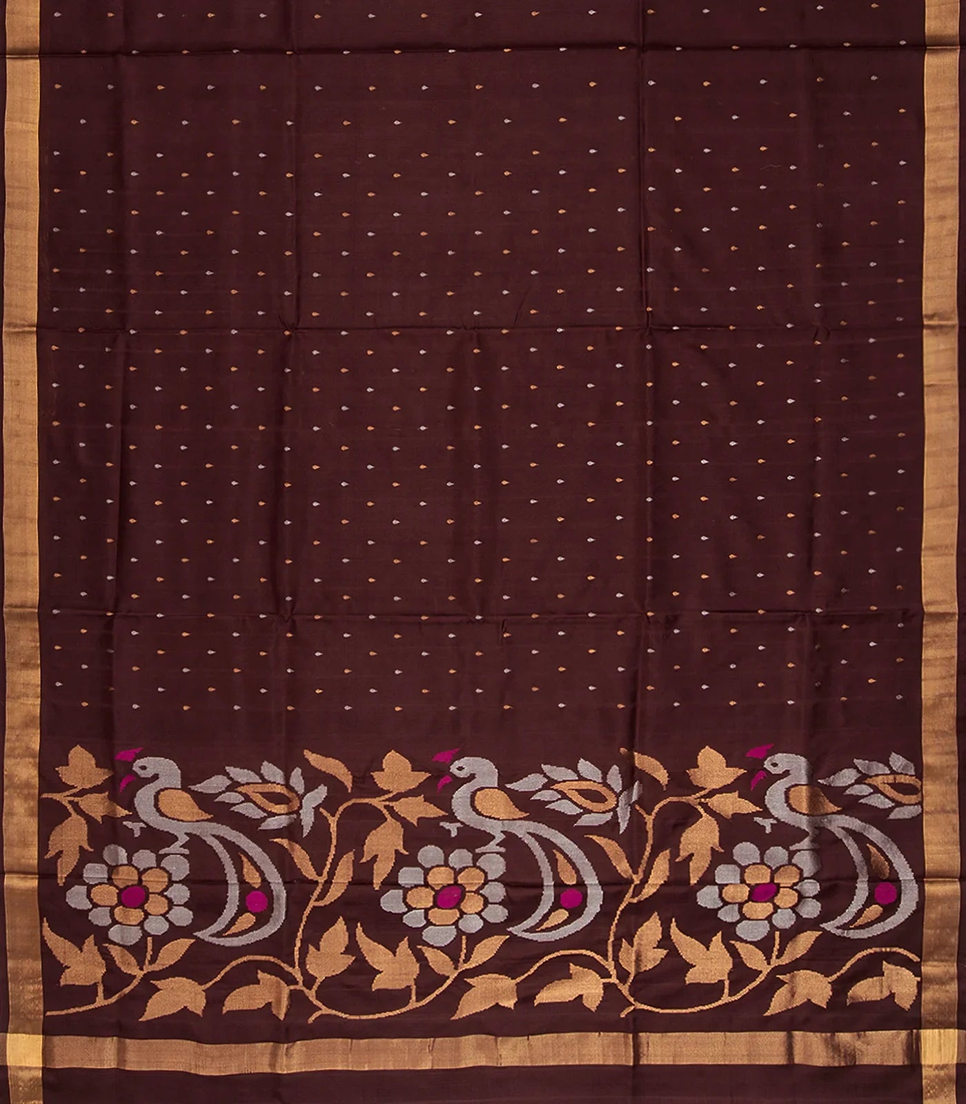 Dark Brown Handloom Uppada Silk Saree With Droplet Motifs-Dark Brown