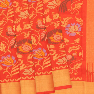 Red Handloom Uppada Silk Saree With Peacock Floral Motifs-Red