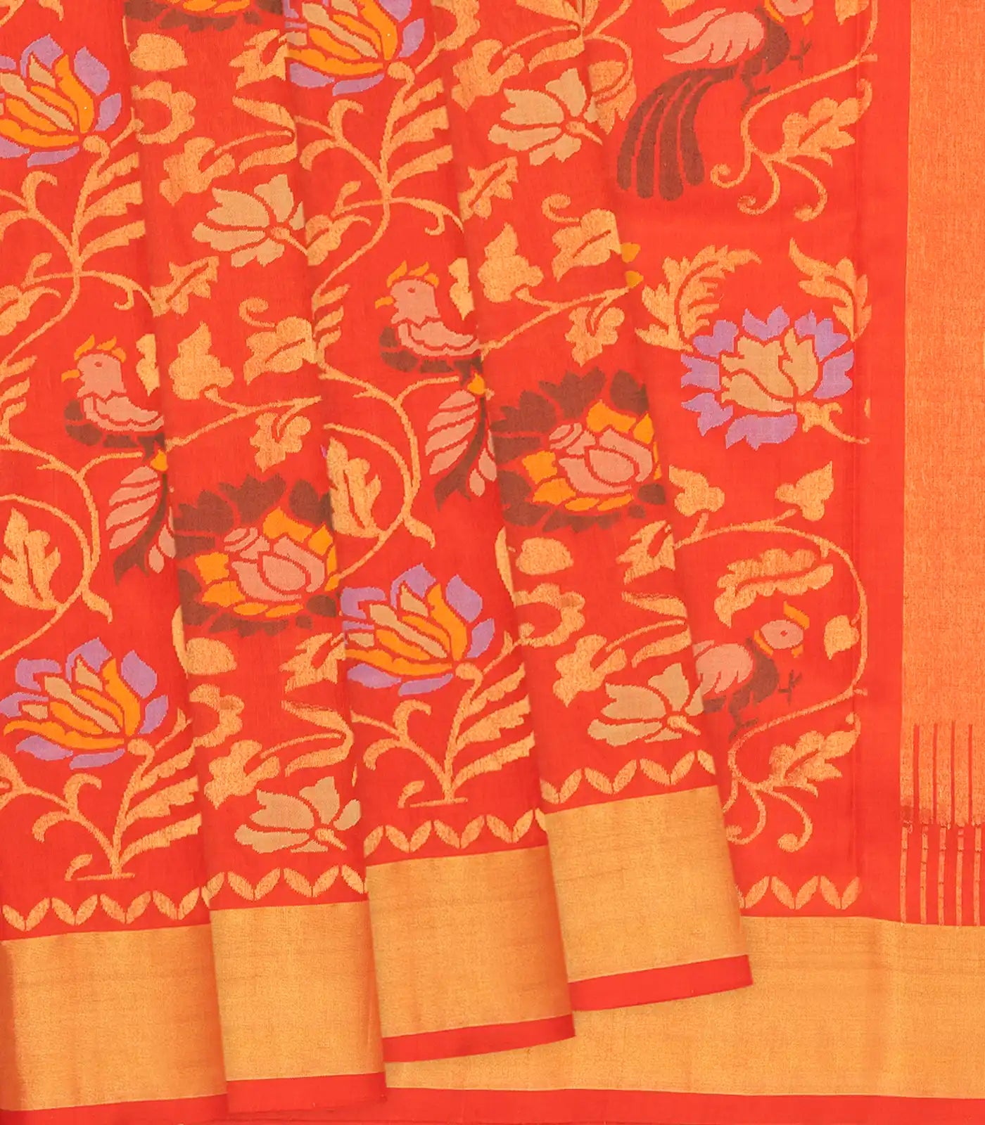 Red Handloom Uppada Silk Saree With Peacock Floral Motifs-Red