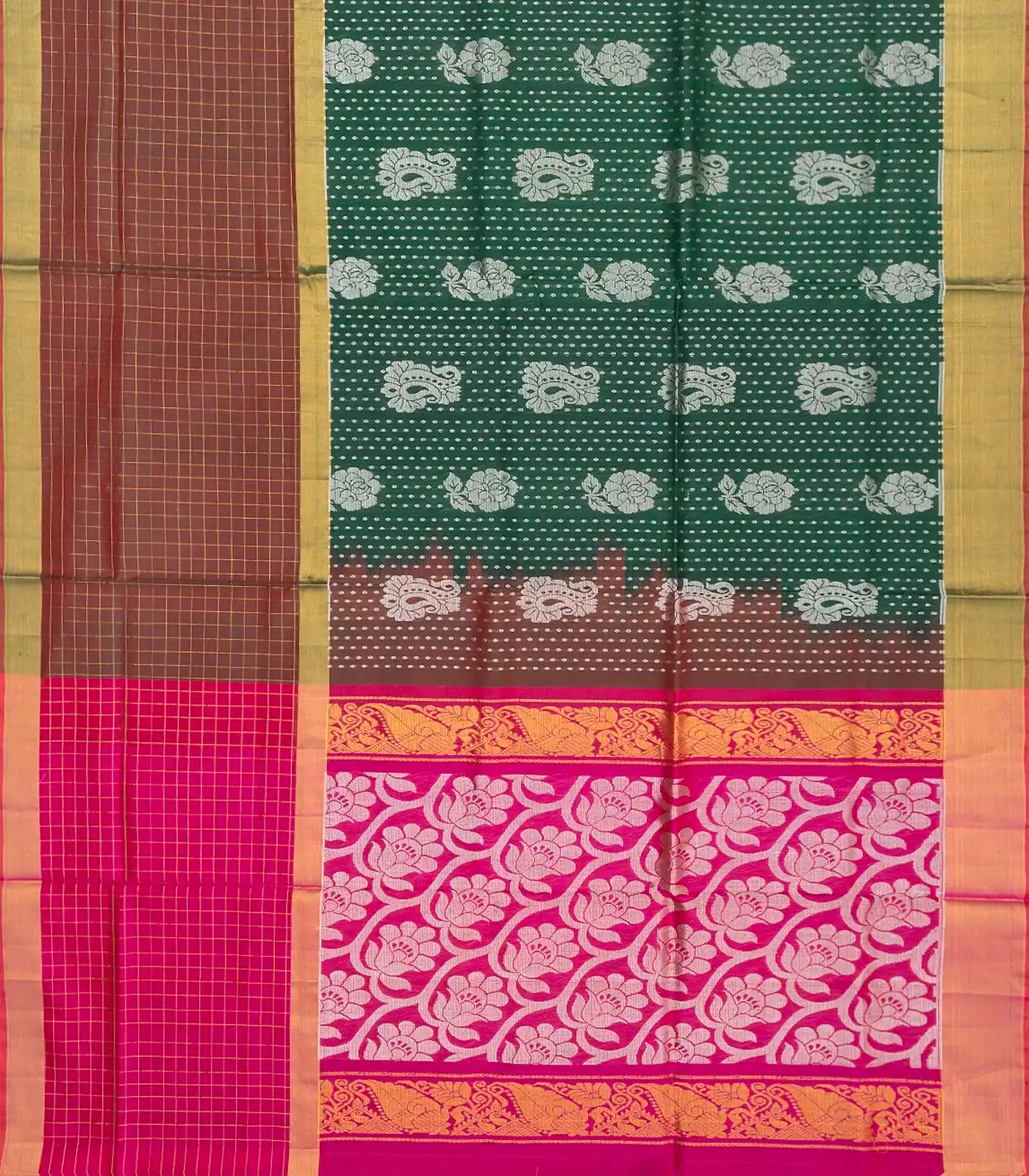 Dark Green Handloom Uppada Silk Saree With Paisley Motifs-Dark Green