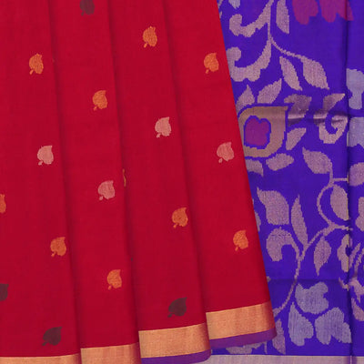 Red Handloom Uppada Silk Saree With Leaf Motifs-Red