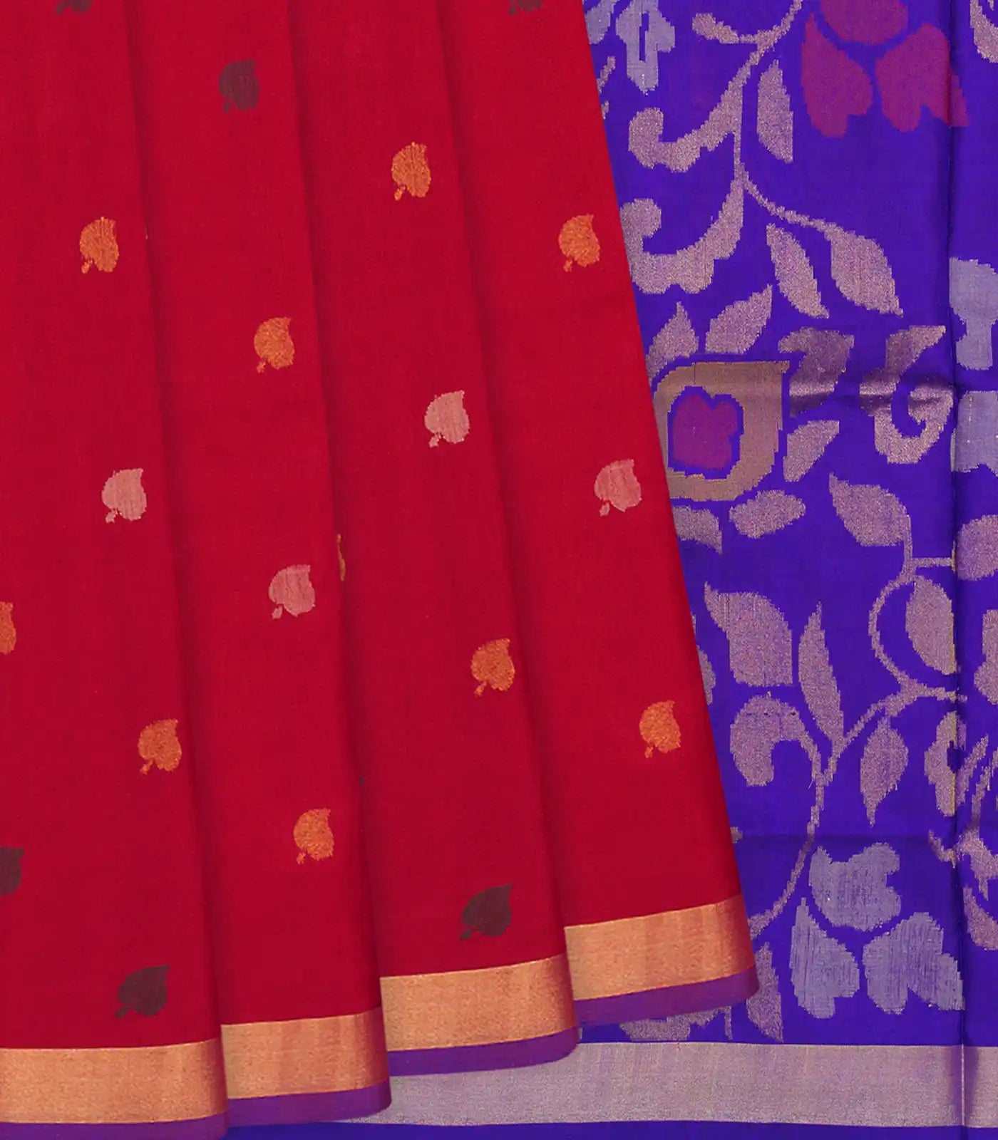 Red Handloom Uppada Silk Saree With Leaf Motifs-Red