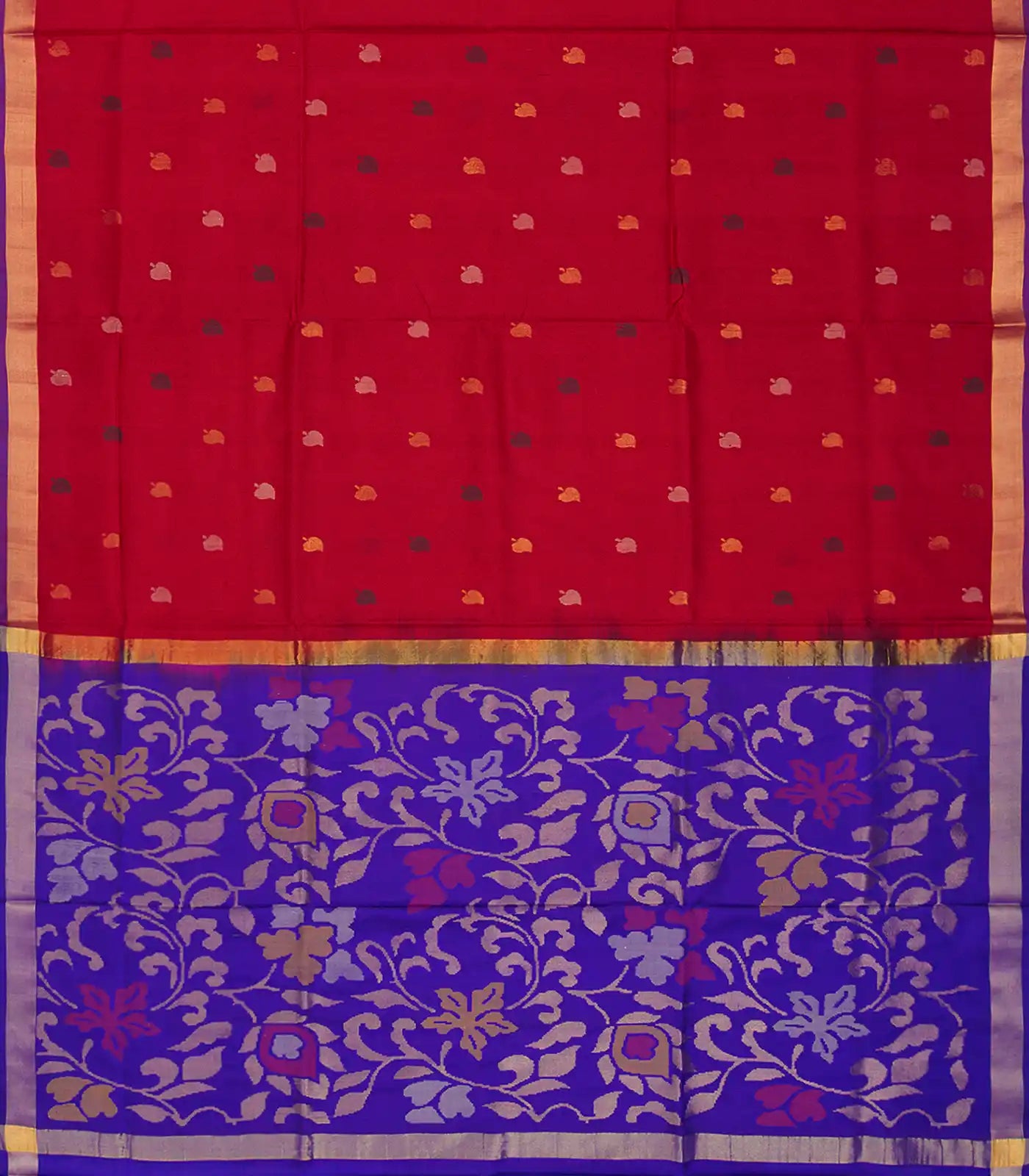 Red Handloom Uppada Silk Saree With Leaf Motifs-Red