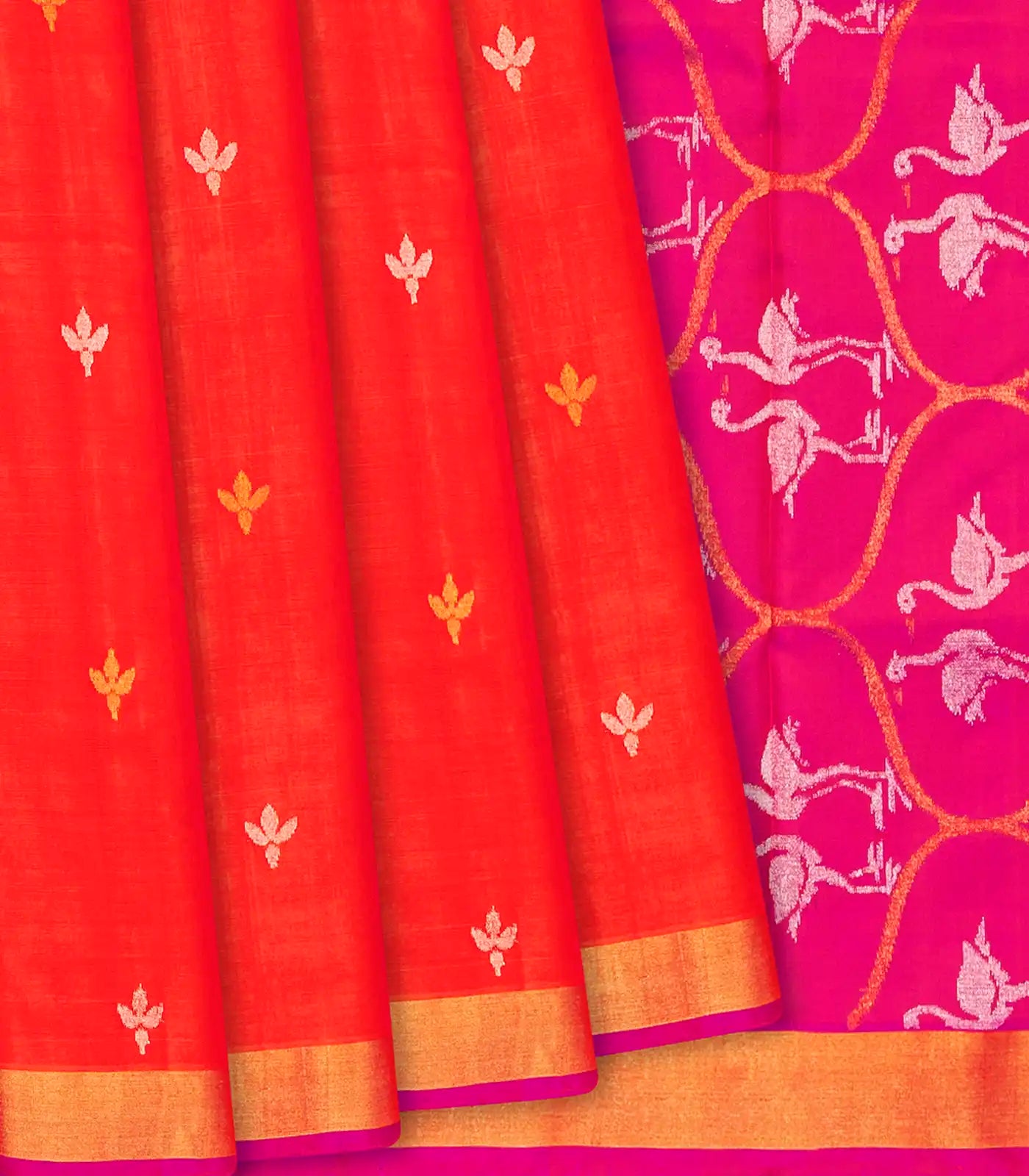 Orange Handloom Uppada Silk Saree With Floral Motif-Orange