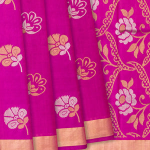 Hot Pink Handloom Uppada Silk Saree With Floral Motif-Hot Pink