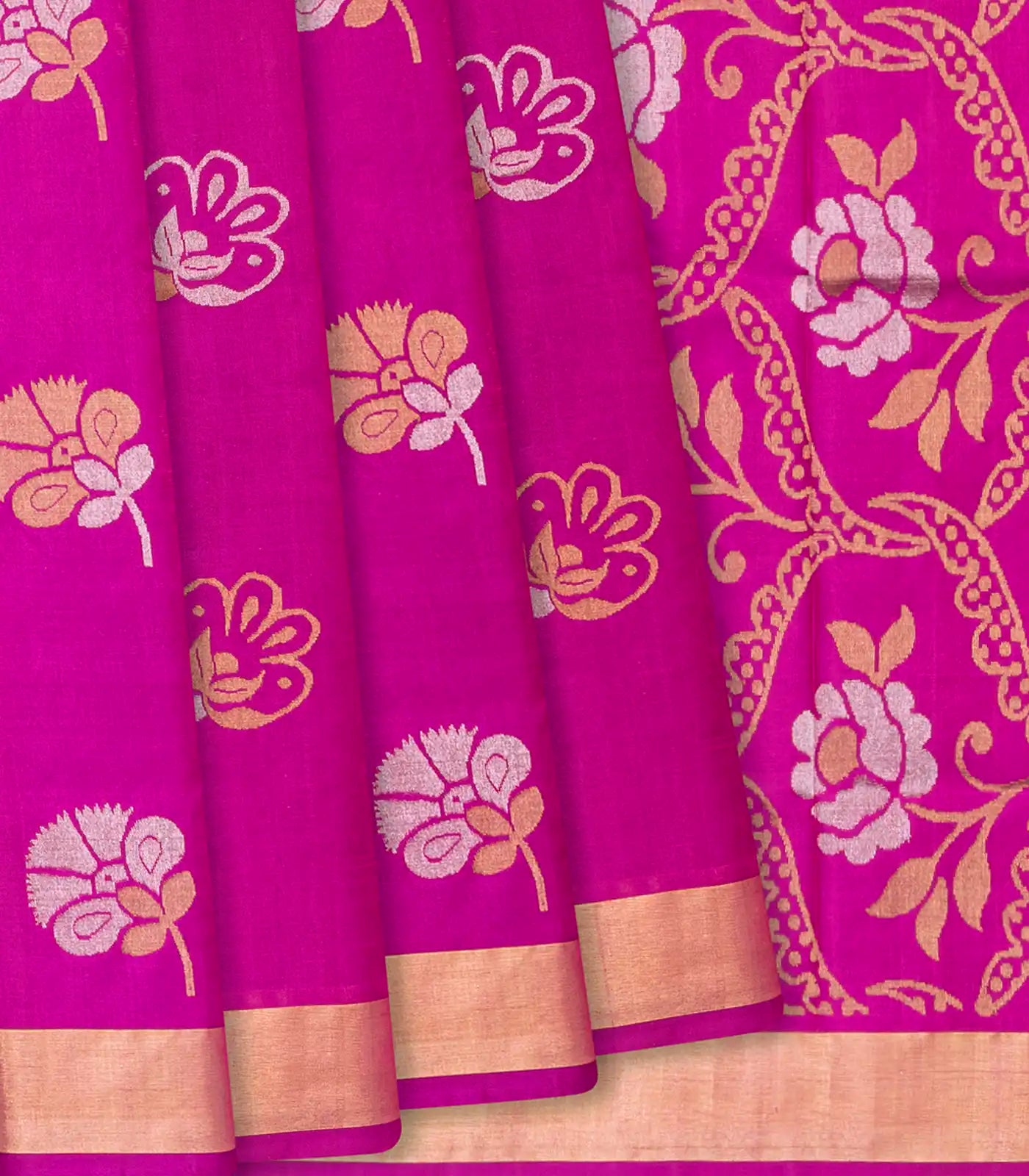 Hot Pink Handloom Uppada Silk Saree With Floral Motif-Hot Pink