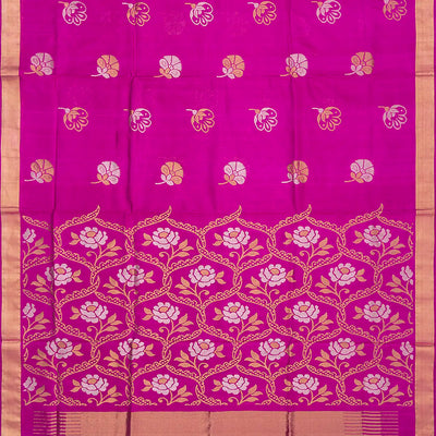 Hot Pink Handloom Uppada Silk Saree With Floral Motif-Hot Pink