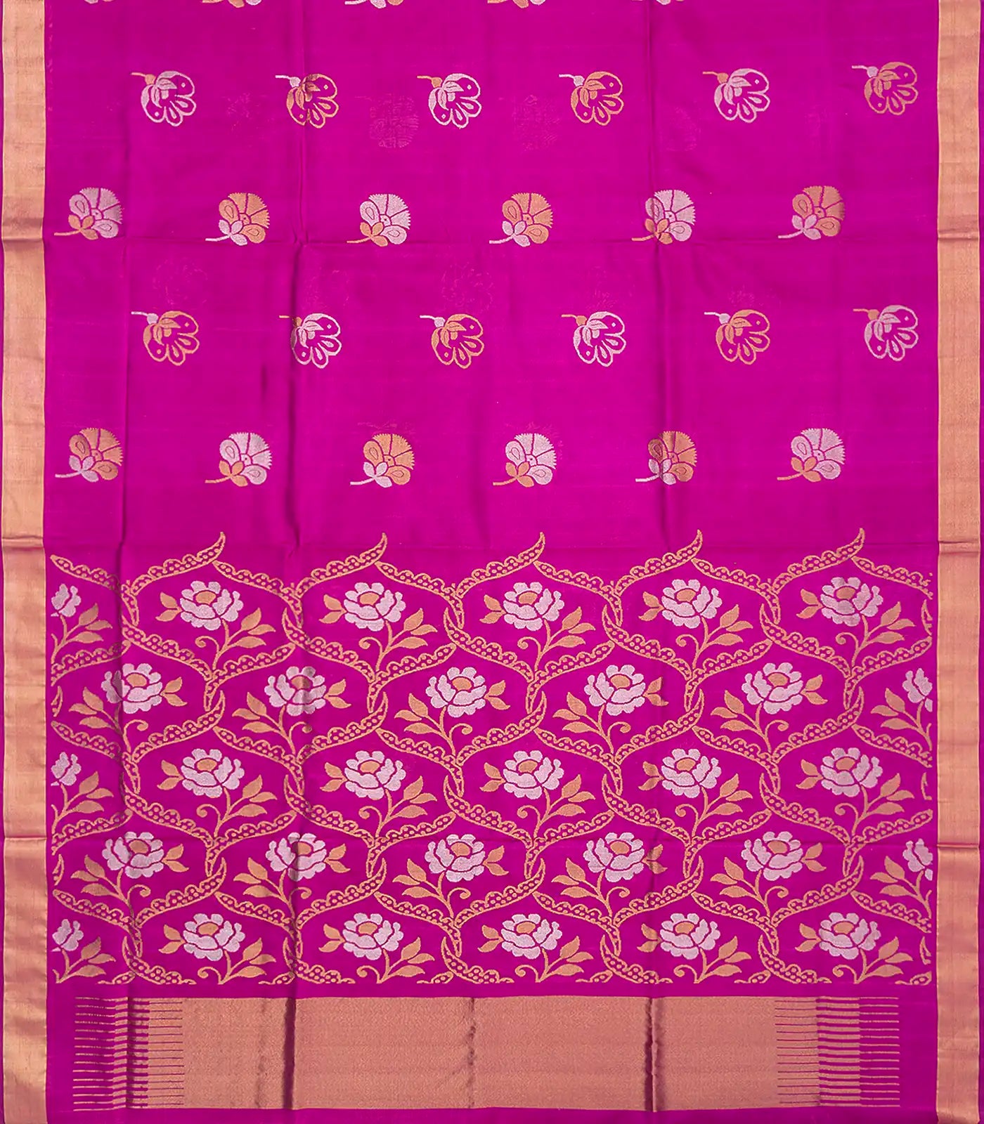 Hot Pink Handloom Uppada Silk Saree With Floral Motif-Hot Pink