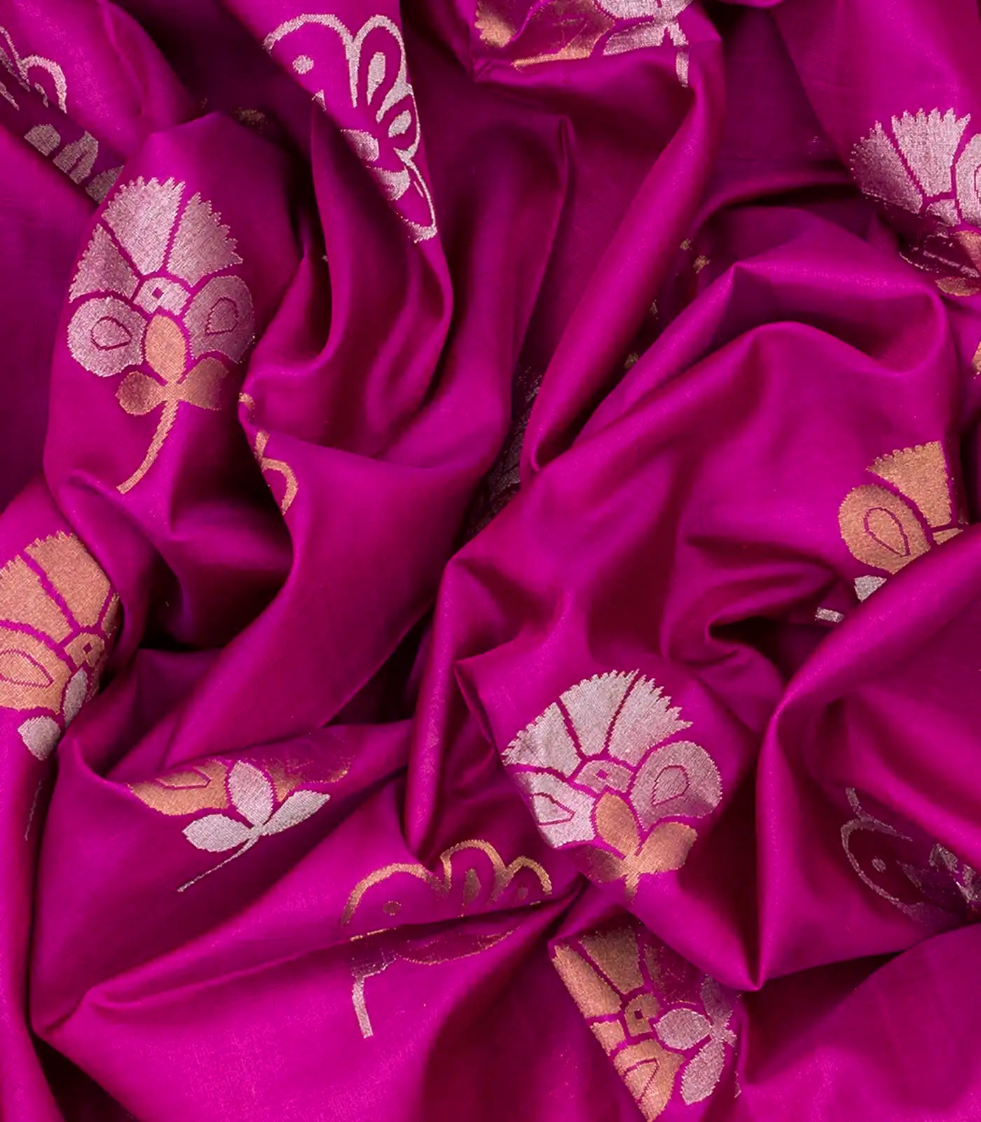 Hot Pink Handloom Uppada Silk Saree With Floral Motif-Hot Pink