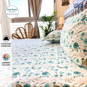 Divine - 100%  Cotton Double Bedsheet with 2 Pillow Covers - Zinnia Blue