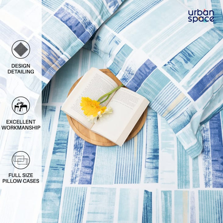 220 TC 100% Cotton printed double bedsheet - Skyscrapper Blue