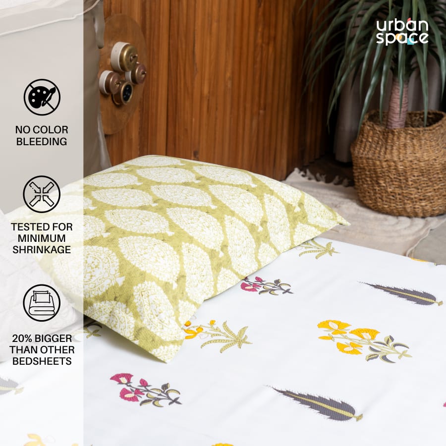 220 TC 100% Cotton printed double bedsheet - High Garden Yellow