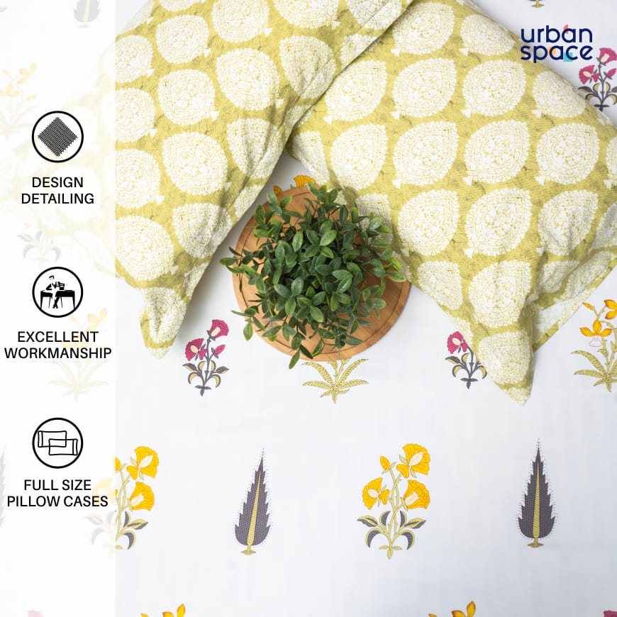 220 TC 100% Cotton printed double bedsheet - High Garden Yellow