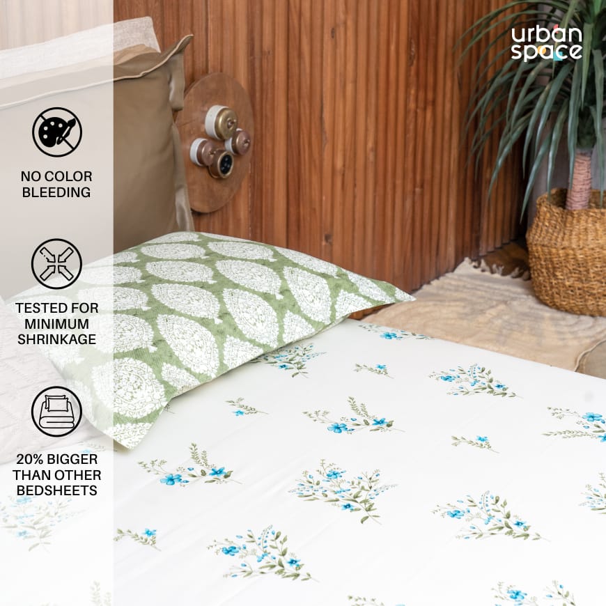 220 TC 100% Cotton printed double bedsheet - Valley Blue