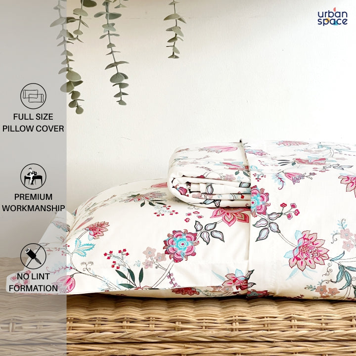 Serene 200 TC 100% Cotton Single Printed Bedsheet with Pillow Covers - Paradise Pink & Blue