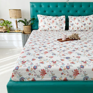 Fitted King Size Cotton Bedsheet - Paradise Peach & Blue